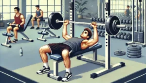 homem fazendo supino na academia