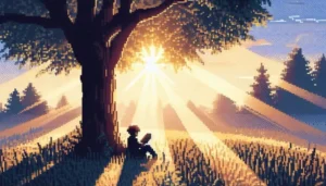 Pessoa lendo um livro sob uma árvore ao amanhecer, com raios de sol atravessando as folhas