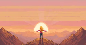 Ilustração em pixel art de uma pessoa vista de costas, com os braços abertos, no topo de uma montanha durante o nascer do sol, contemplando o horizonte.