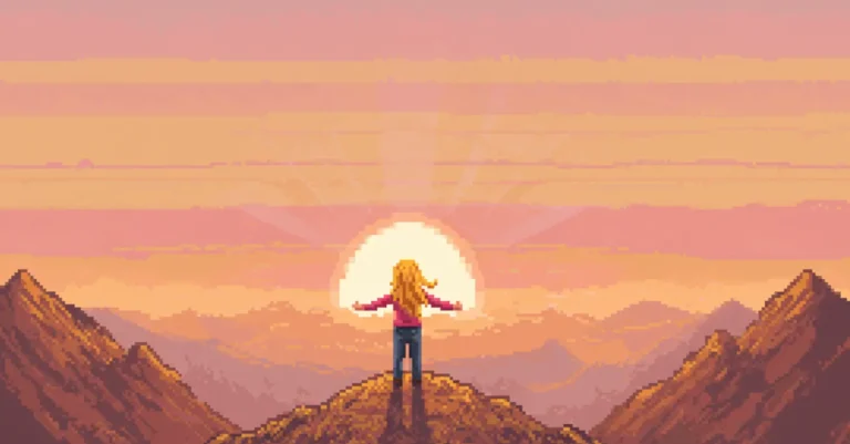 Ilustração em pixel art de uma pessoa vista de costas, com os braços abertos, no topo de uma montanha durante o nascer do sol, contemplando o horizonte.